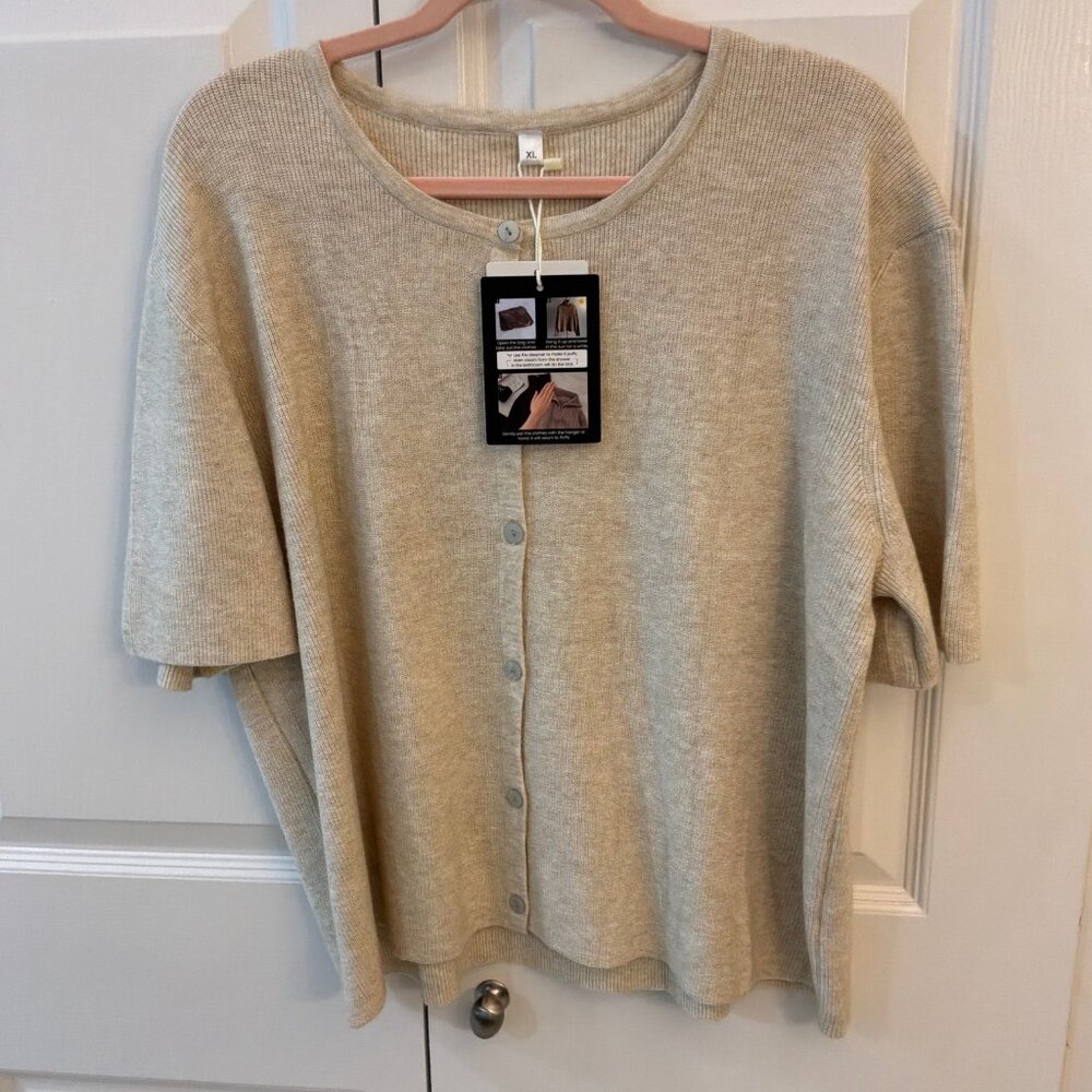 Amazon Tan Button Up Short Sleeve Fashion Cardigan Sweater in Women's XL